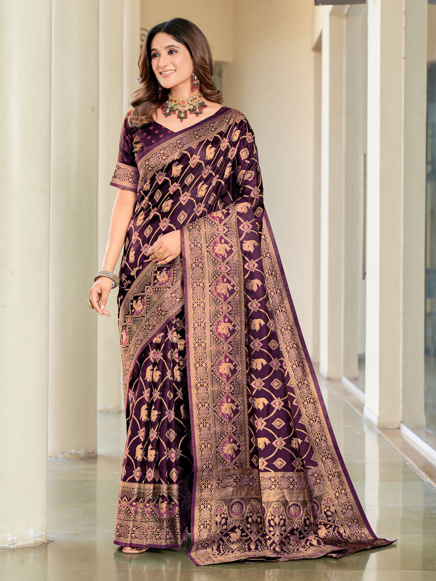 Woven Banarasi Jacquard, Satin Silk Blend Saree With Unstitched Blouse (Wine)