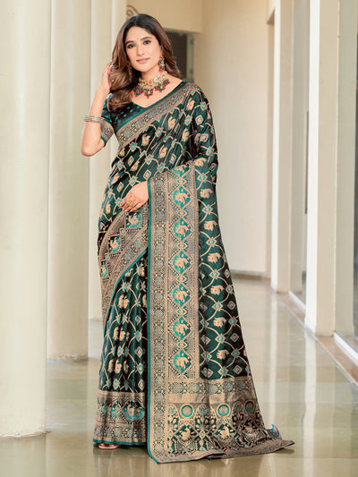 Woven Banarasi Jacquard, Satin Silk Blend Saree With Unstitched Blouse (Green)