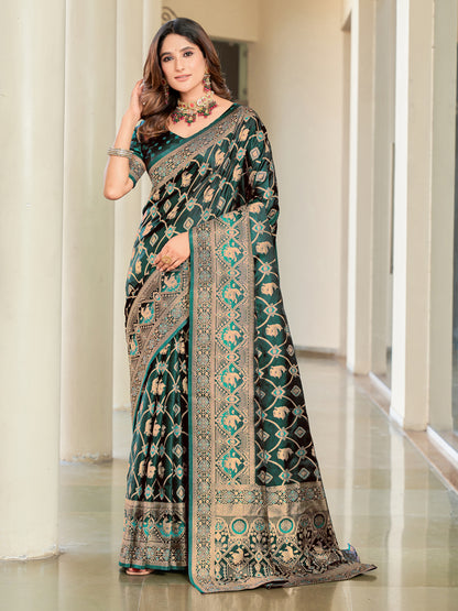 Woven Banarasi Jacquard, Satin Silk Blend Saree With Unstitched Blouse (Green)