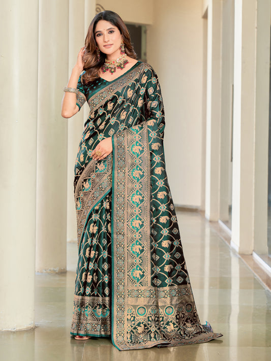 Woven Banarasi Jacquard, Satin Silk Blend Saree With Unstitched Blouse (Green)