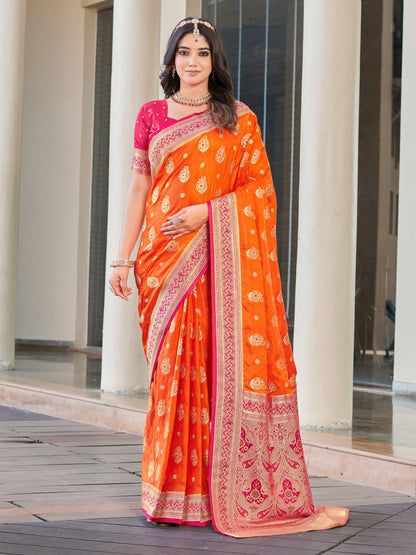 Woven Banarasi Jacquard, Satin Silk Blend Saree With Unstitched Blouse (Orange)