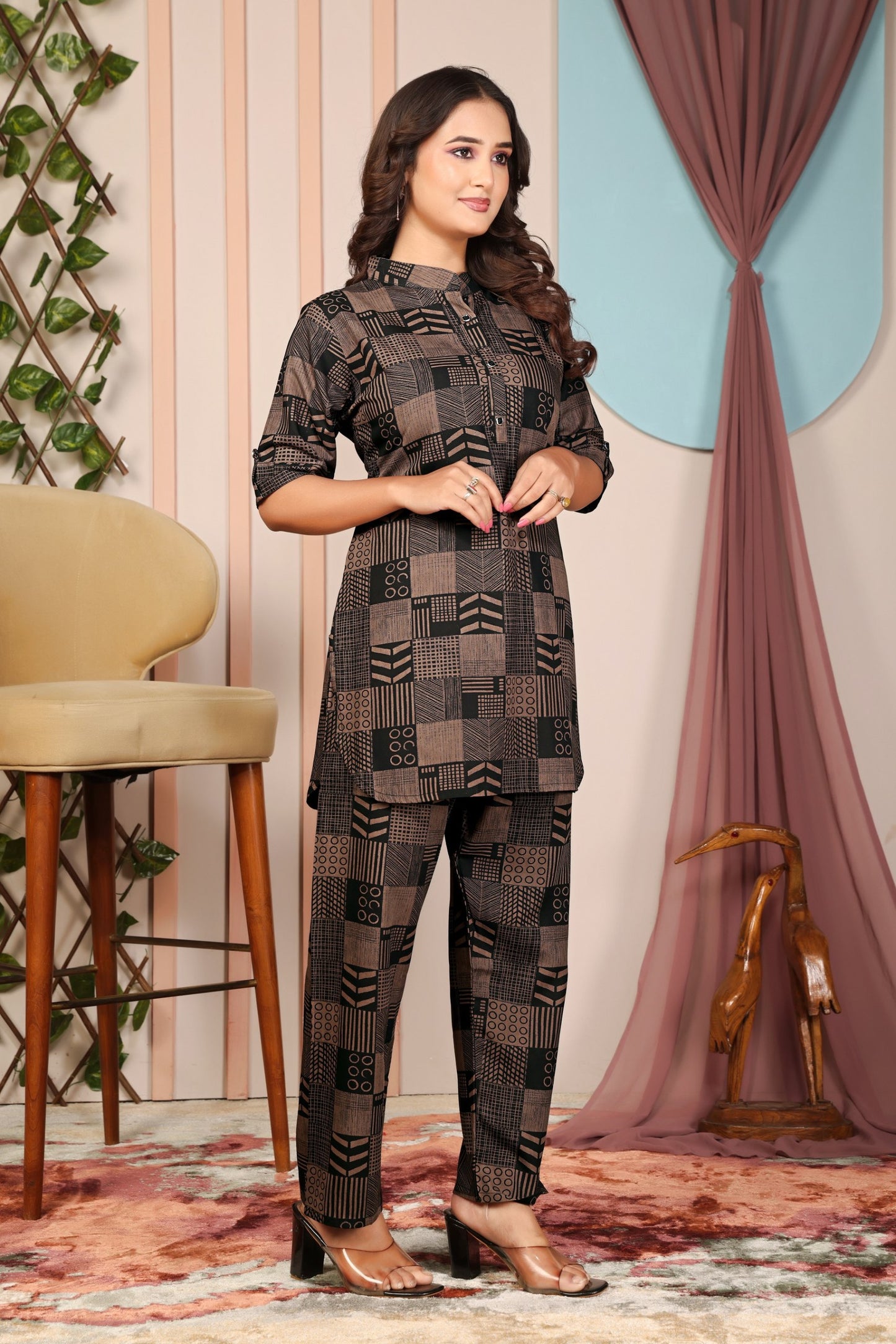 Stylish Black & Brown Geometric Printed Pure Rayon Co-Ord Set for Women