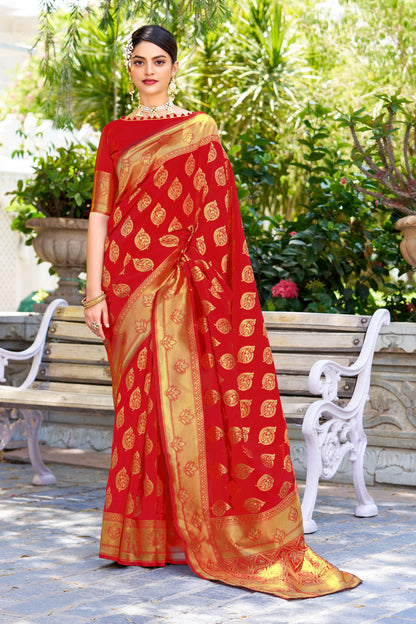 Woven Banarasi Jacquard, Silk Blend Saree With Unstitched Blouse (Red)