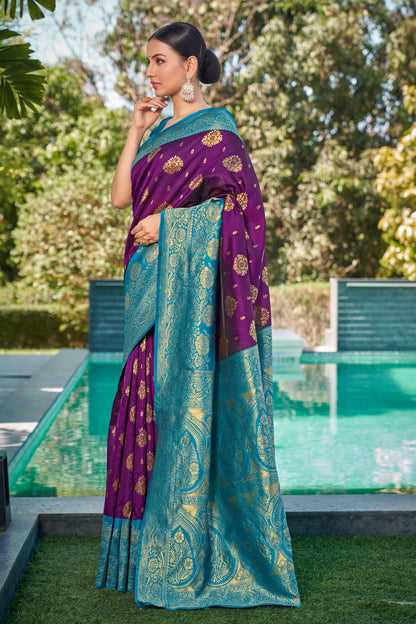 Woven Kanjivaram Jacquard, Silk Blend Saree With Unstitched Blouse(Wine)