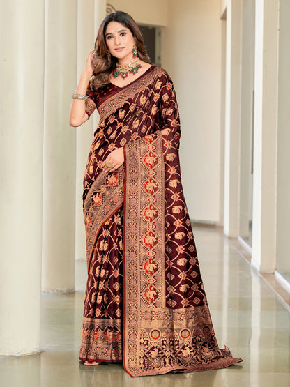 Woven Banarasi Jacquard, Satin Silk Blend Saree With Unstitched Blouse (Maroon)