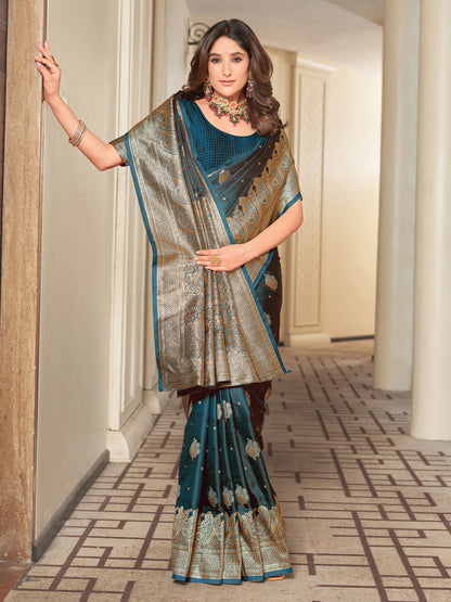 Woven Banarasi Jacquard, Satin Silk Blend Saree With Unstitched Blouse (Firozi)