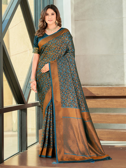 Woven Banarasi Jacquard, Satin Silk Blend Saree With Unstitched Blouse (Firozi)