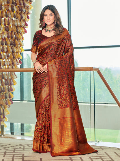 Woven Banarasi Jacquard, Satin Silk Blend Saree With Unstitched Blouse (Maroon)