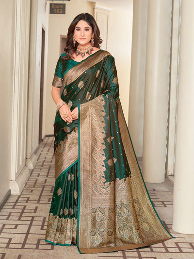 Woven Banarasi Jacquard, Satin Silk Blend Saree With Unstitched Blouse (Green)