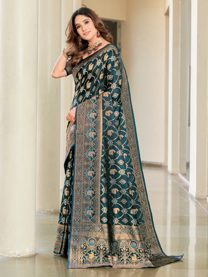 Woven Banarasi Jacquard, Satin Silk Blend Saree With Unstitched Blouse (Firozi)
