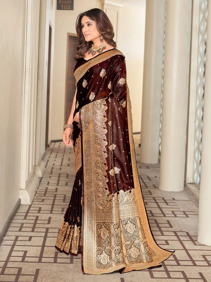 Woven Banarasi Jacquard, Satin Silk Blend Saree With Unstitched Blouse (Maroon)