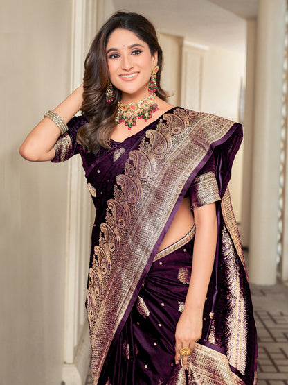 Woven Banarasi Jacquard, Satin Silk Blend Saree With Unstitched Blouse (Wine)