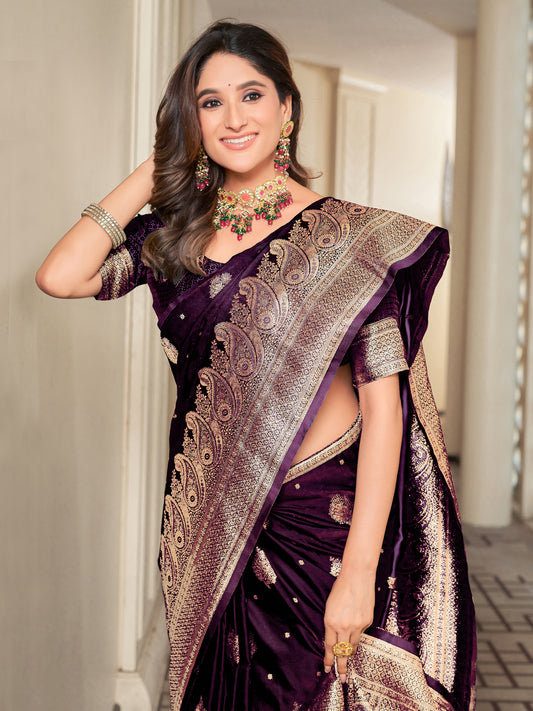 Woven Banarasi Jacquard, Satin Silk Blend Saree With Unstitched Blouse (Wine)