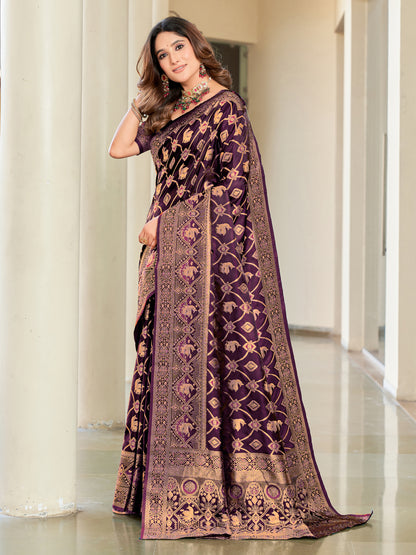 Woven Banarasi Jacquard, Satin Silk Blend Saree With Unstitched Blouse (Wine)