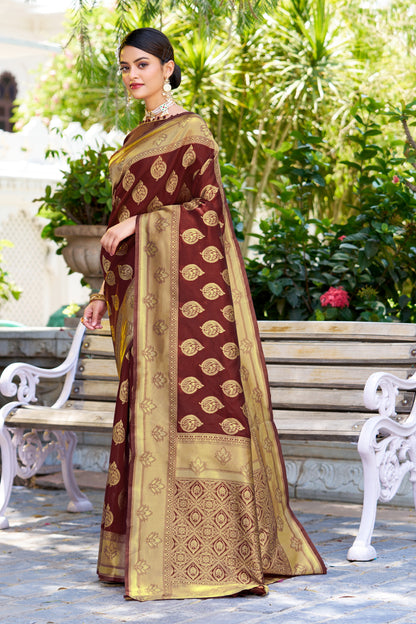 Woven Banarasi Jacquard, Silk Blend Saree With Unstitched Blouse (Maroon)