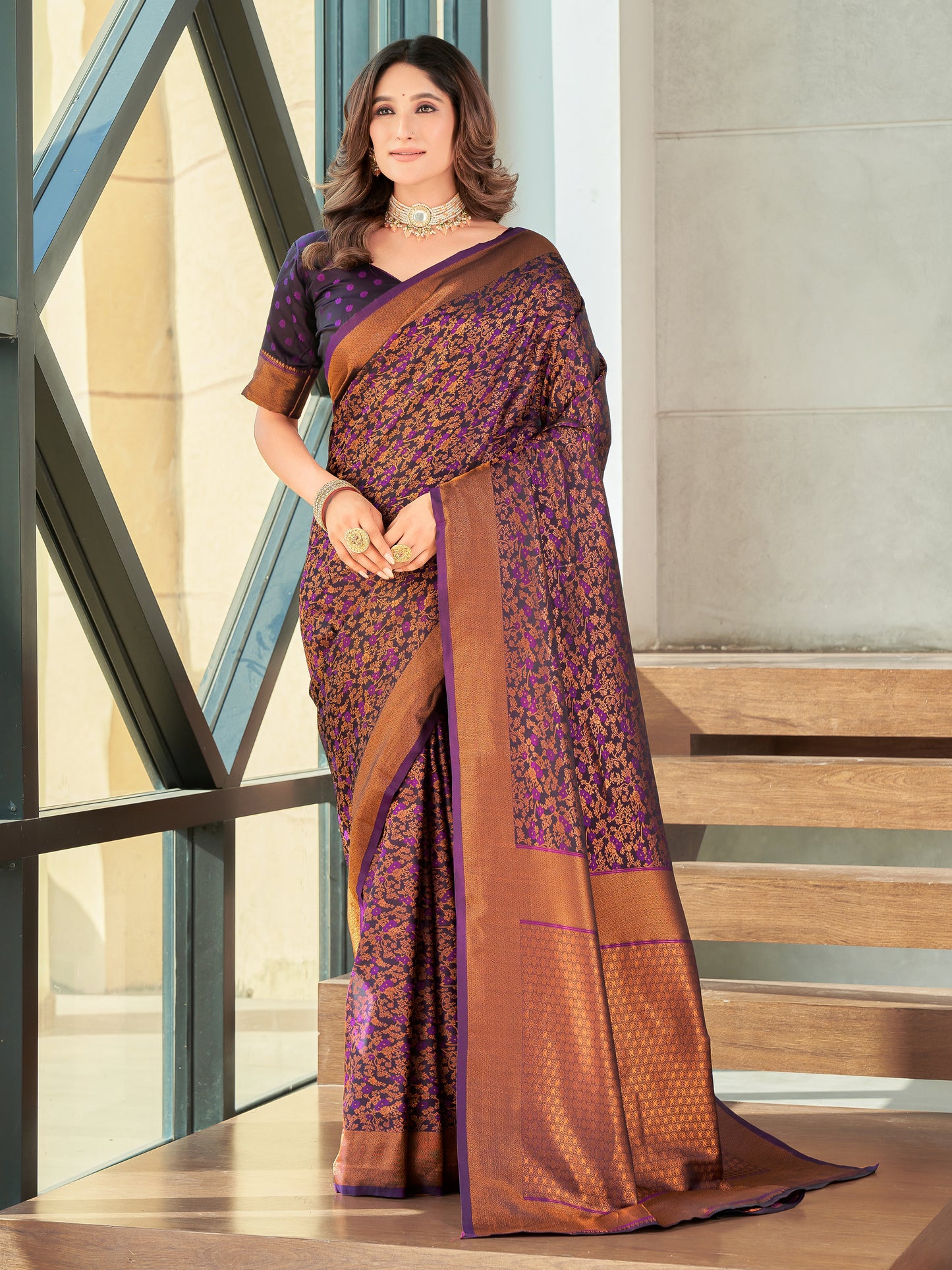 Woven Banarasi Jacquard, Satin Silk Blend Saree With Unstitched Blouse (Wine)