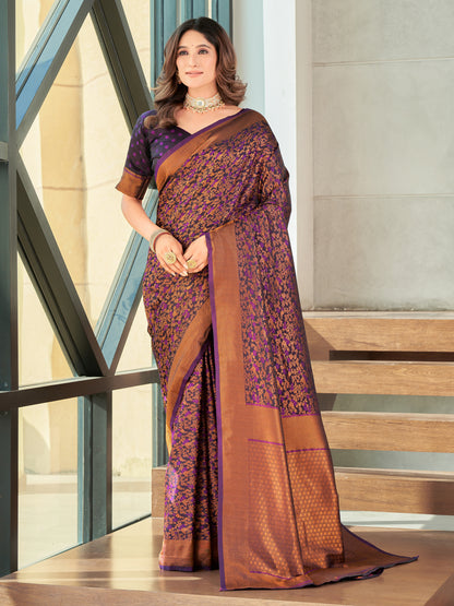 Woven Banarasi Jacquard, Satin Silk Blend Saree With Unstitched Blouse (Wine)