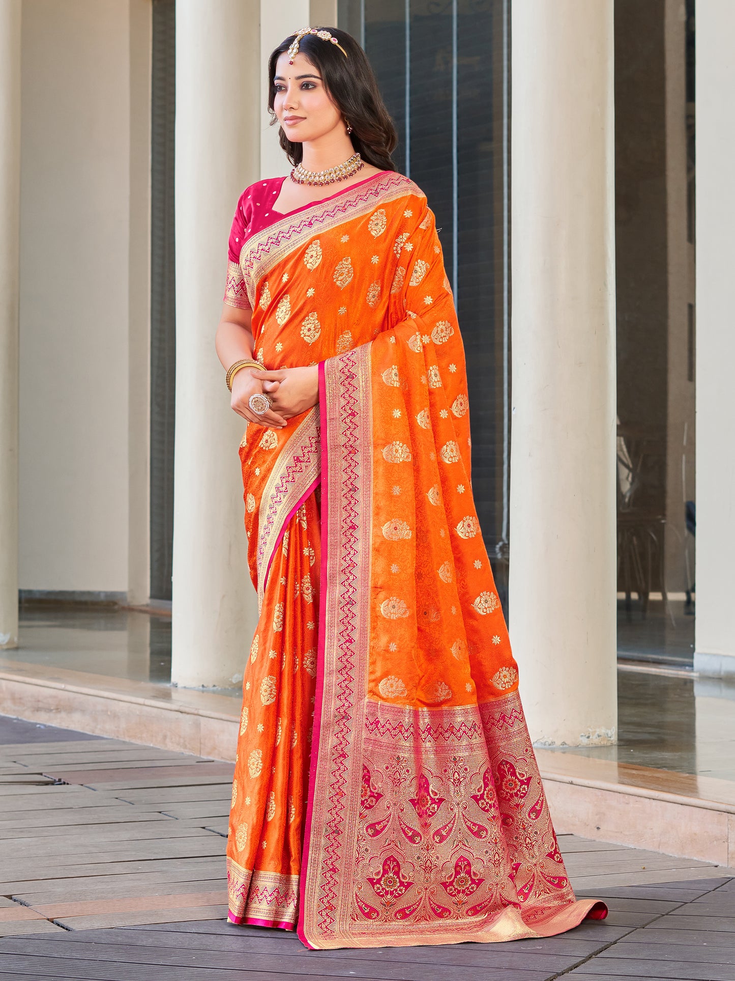 Woven Banarasi Jacquard, Satin Silk Blend Saree With Unstitched Blouse (Orange)