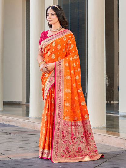 Woven Banarasi Jacquard, Satin Silk Blend Saree With Unstitched Blouse (Orange)
