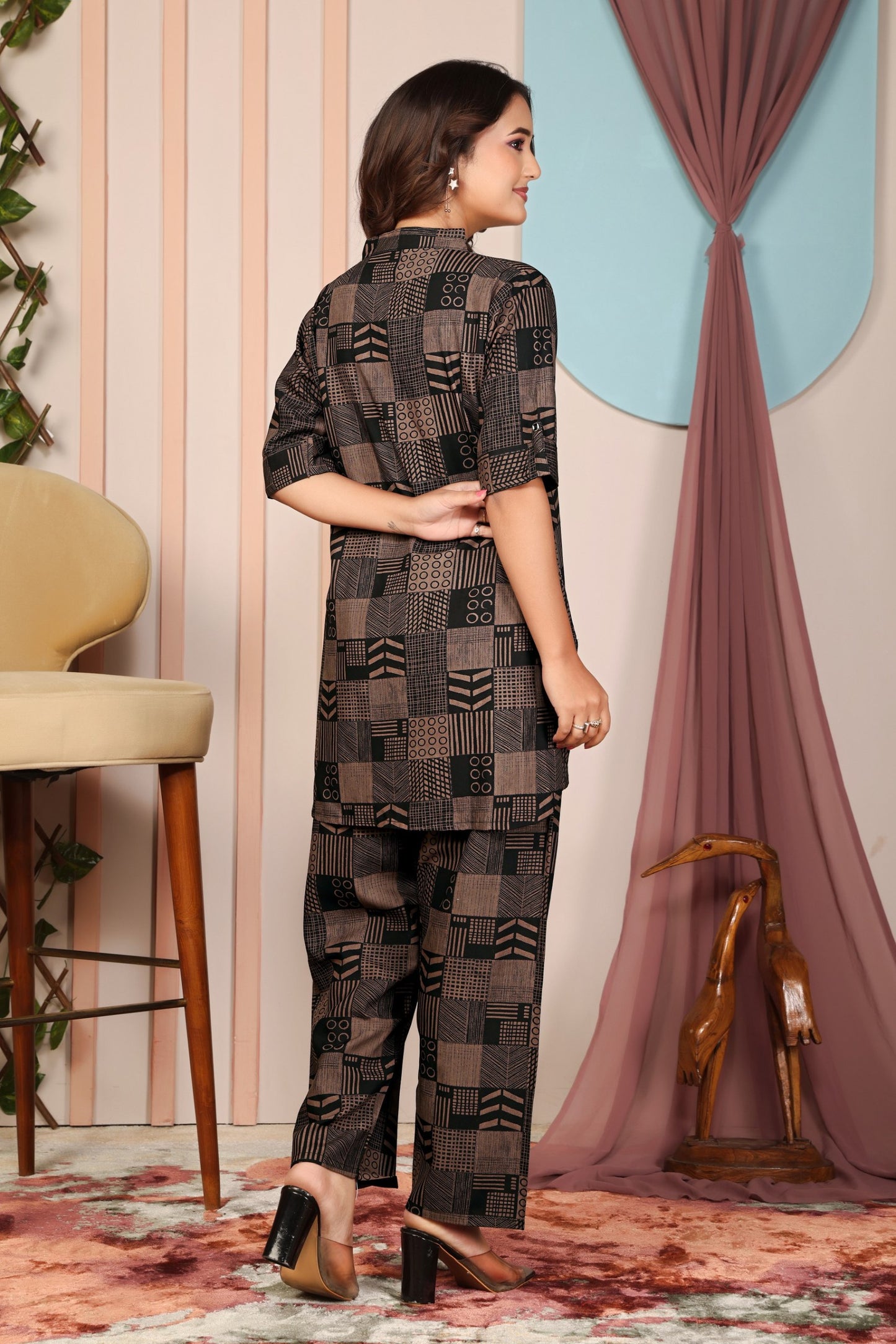 Stylish Black & Brown Geometric Printed Pure Rayon Co-Ord Set for Women