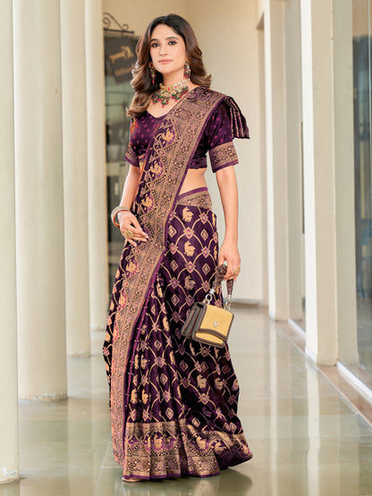 Woven Banarasi Jacquard, Satin Silk Blend Saree With Unstitched Blouse (Wine)