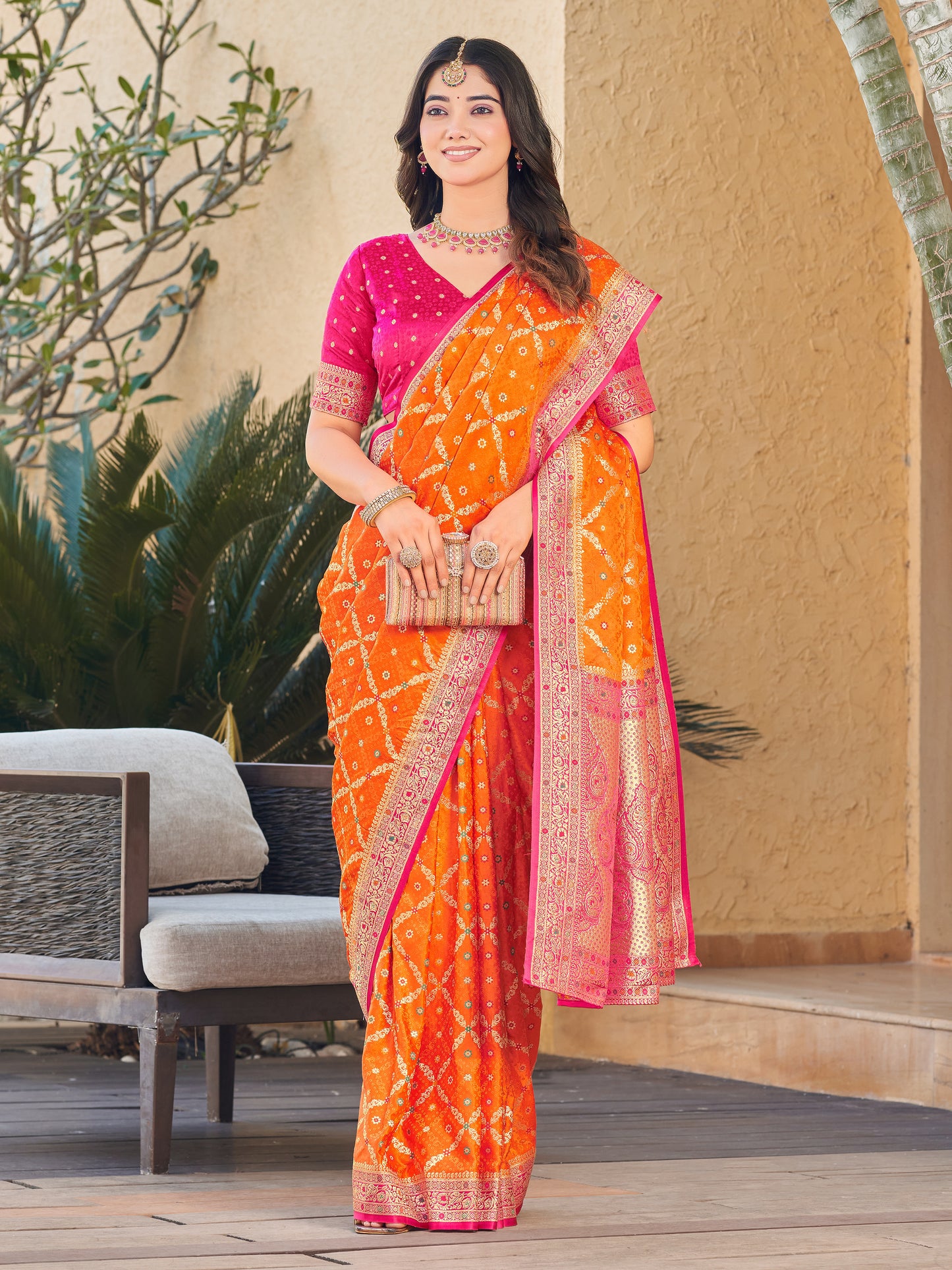 Woven Banarasi Jacquard, Satin Silk Blend Saree With Unstitched Blouse (Orange)