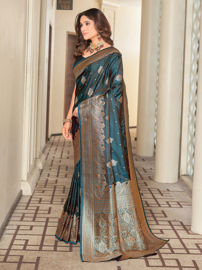 Woven Banarasi Jacquard, Satin Silk Blend Saree With Unstitched Blouse (Firozi)