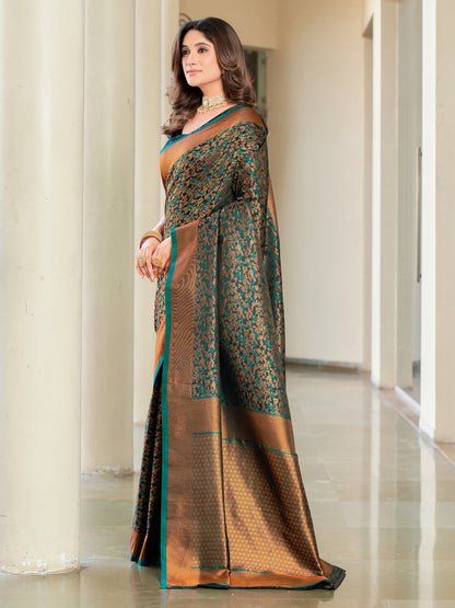 Woven Banarasi Jacquard, Satin Silk Blend Saree With Unstitched Blouse (Green)