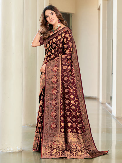 Woven Banarasi Jacquard, Satin Silk Blend Saree With Unstitched Blouse (Maroon)