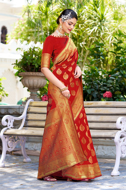 Woven Banarasi Jacquard, Silk Blend Saree With Unstitched Blouse (Red)