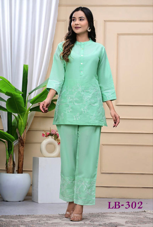 Trendy Green Embroidered Cotton Blend Co-ord Set for Women