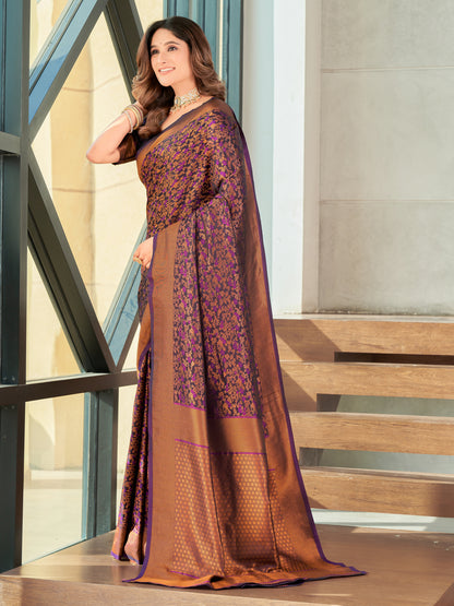 Woven Banarasi Jacquard, Satin Silk Blend Saree With Unstitched Blouse (Wine)