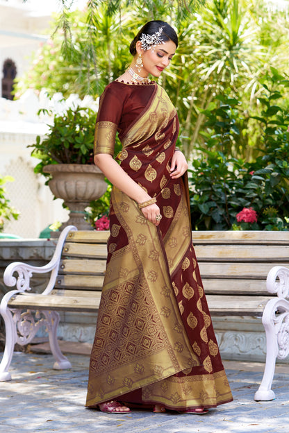 Woven Banarasi Jacquard, Silk Blend Saree With Unstitched Blouse (Maroon)