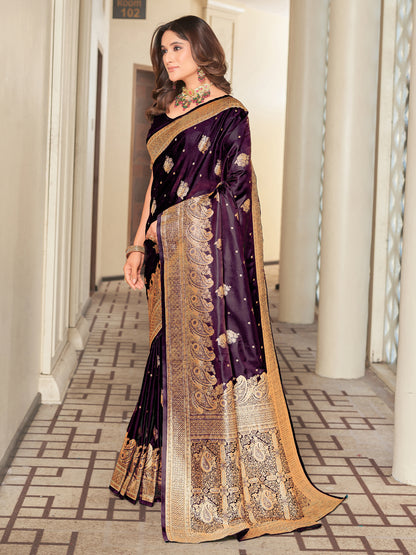 Woven Banarasi Jacquard, Satin Silk Blend Saree With Unstitched Blouse (Wine)