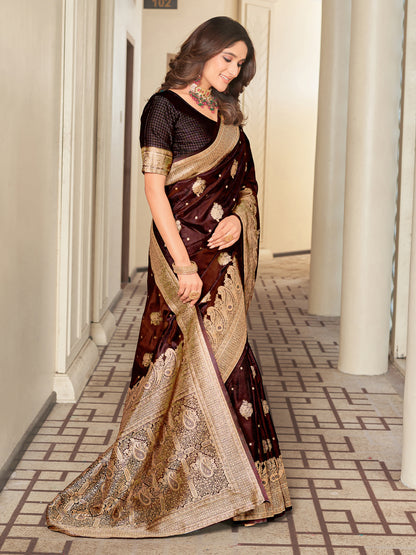 Woven Banarasi Jacquard, Satin Silk Blend Saree With Unstitched Blouse (Maroon)