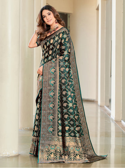 Woven Banarasi Jacquard, Satin Silk Blend Saree With Unstitched Blouse (Green)