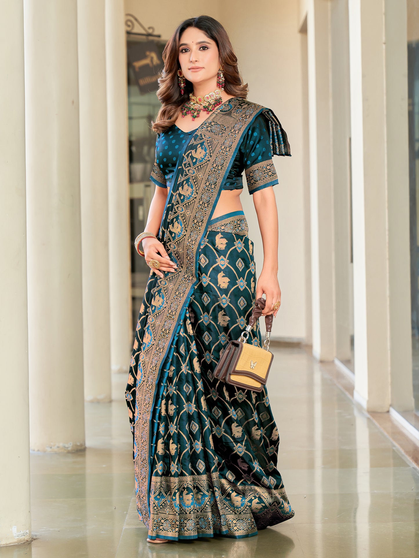 Woven Banarasi Jacquard, Satin Silk Blend Saree With Unstitched Blouse (Firozi)