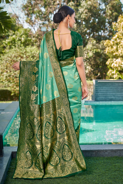 Woven Kanjivaram Jacquard, Silk Blend Saree With Unstitched Blouse(Pastel-Green)