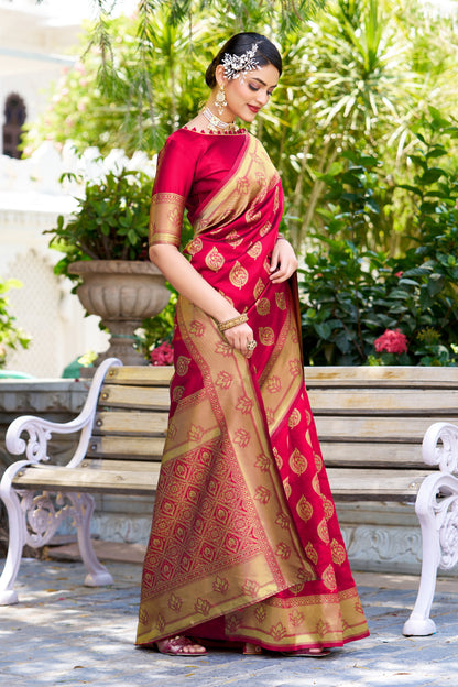 Woven Banarasi Jacquard, Silk Blend Saree With Unstitched Blouse (Dark Pink)