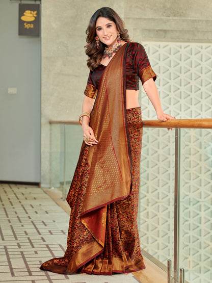 Woven Banarasi Jacquard, Satin Silk Blend Saree With Unstitched Blouse (Maroon)