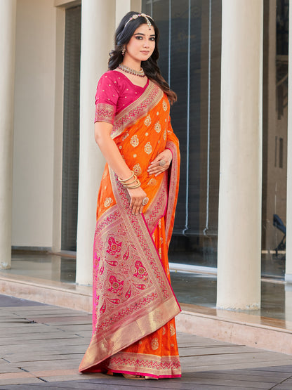 Woven Banarasi Jacquard, Satin Silk Blend Saree With Unstitched Blouse (Orange)