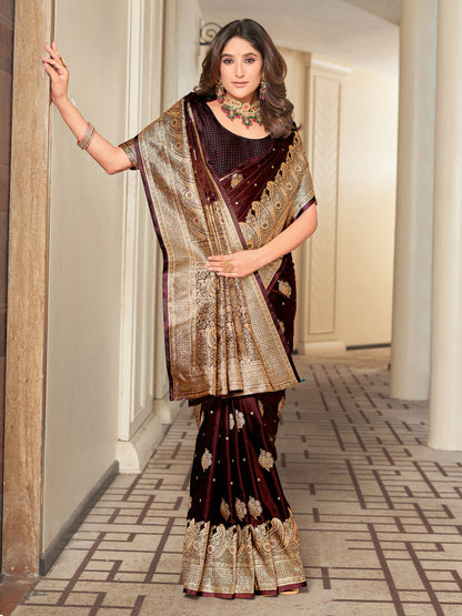 Woven Banarasi Jacquard, Satin Silk Blend Saree With Unstitched Blouse (Maroon)