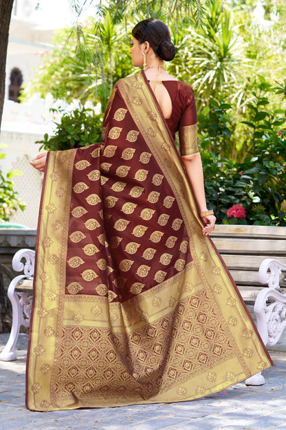 Woven Banarasi Jacquard, Silk Blend Saree With Unstitched Blouse (Maroon)