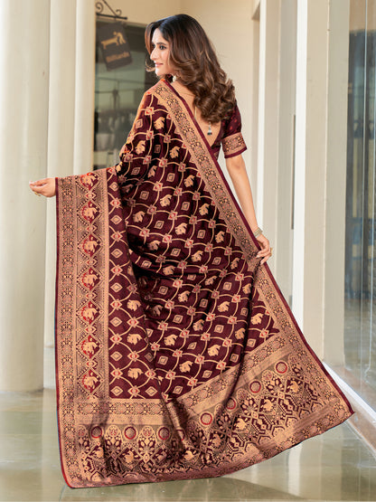 Woven Banarasi Jacquard, Satin Silk Blend Saree With Unstitched Blouse (Maroon)