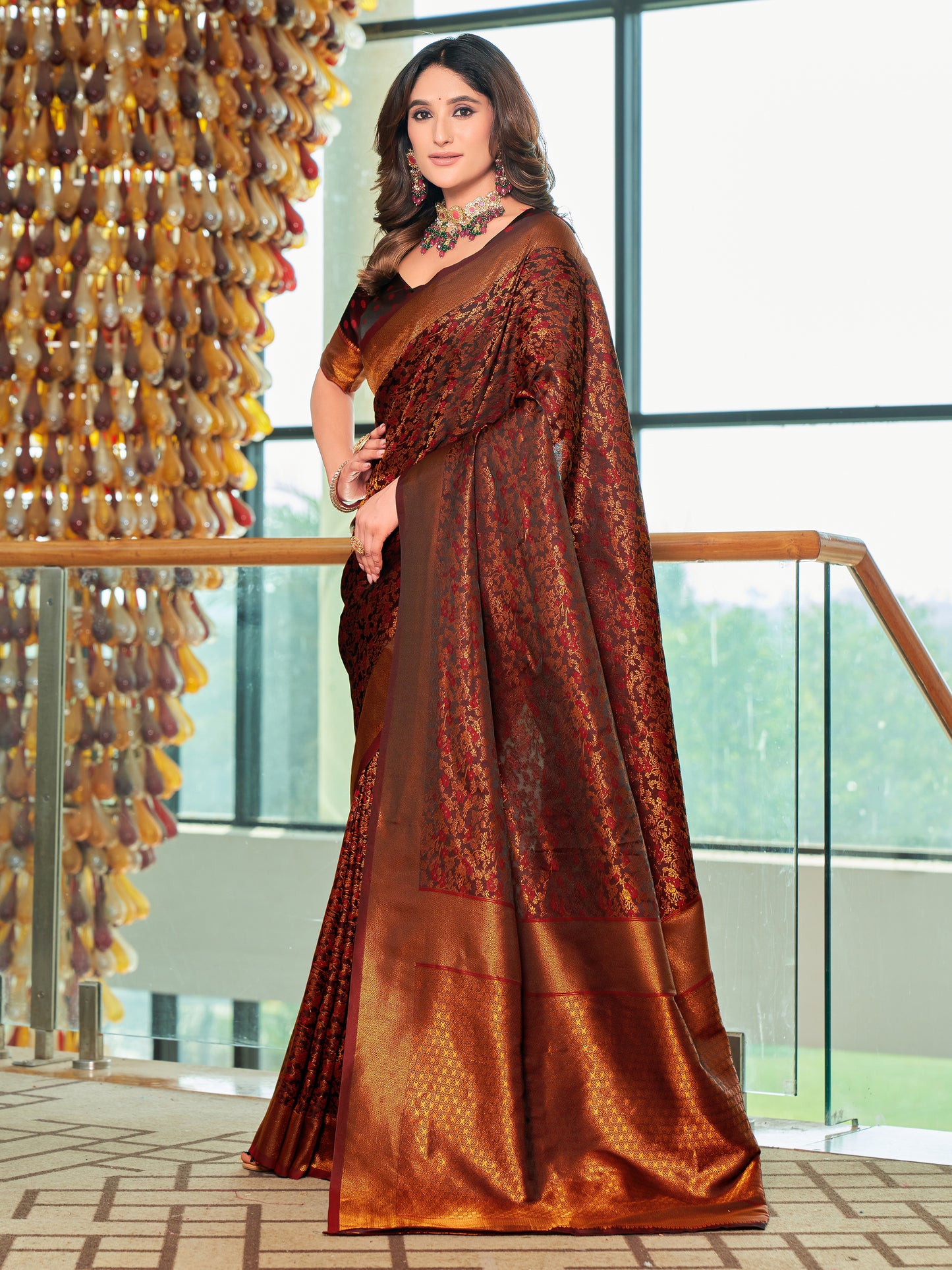Woven Banarasi Jacquard, Satin Silk Blend Saree With Unstitched Blouse (Maroon)