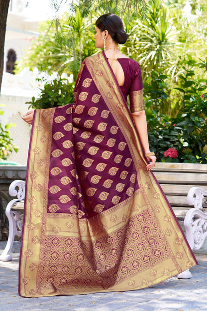 Woven Banarasi Jacquard, Silk Blend Saree With Unstitched Blouse (Wine)