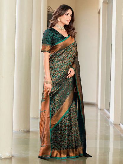 Woven Banarasi Jacquard, Satin Silk Blend Saree With Unstitched Blouse (Green)