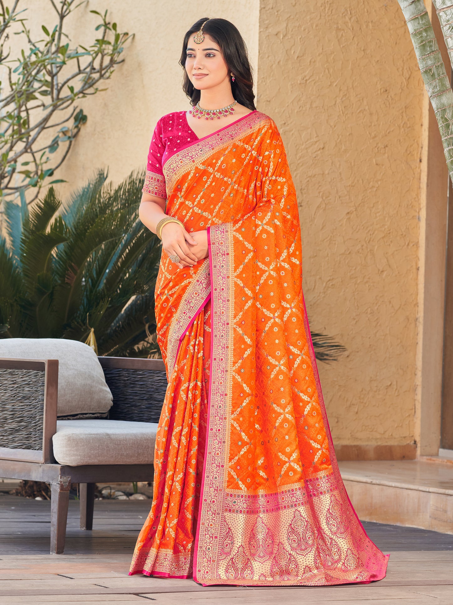 Woven Banarasi Jacquard, Satin Silk Blend Saree With Unstitched Blouse (Orange)