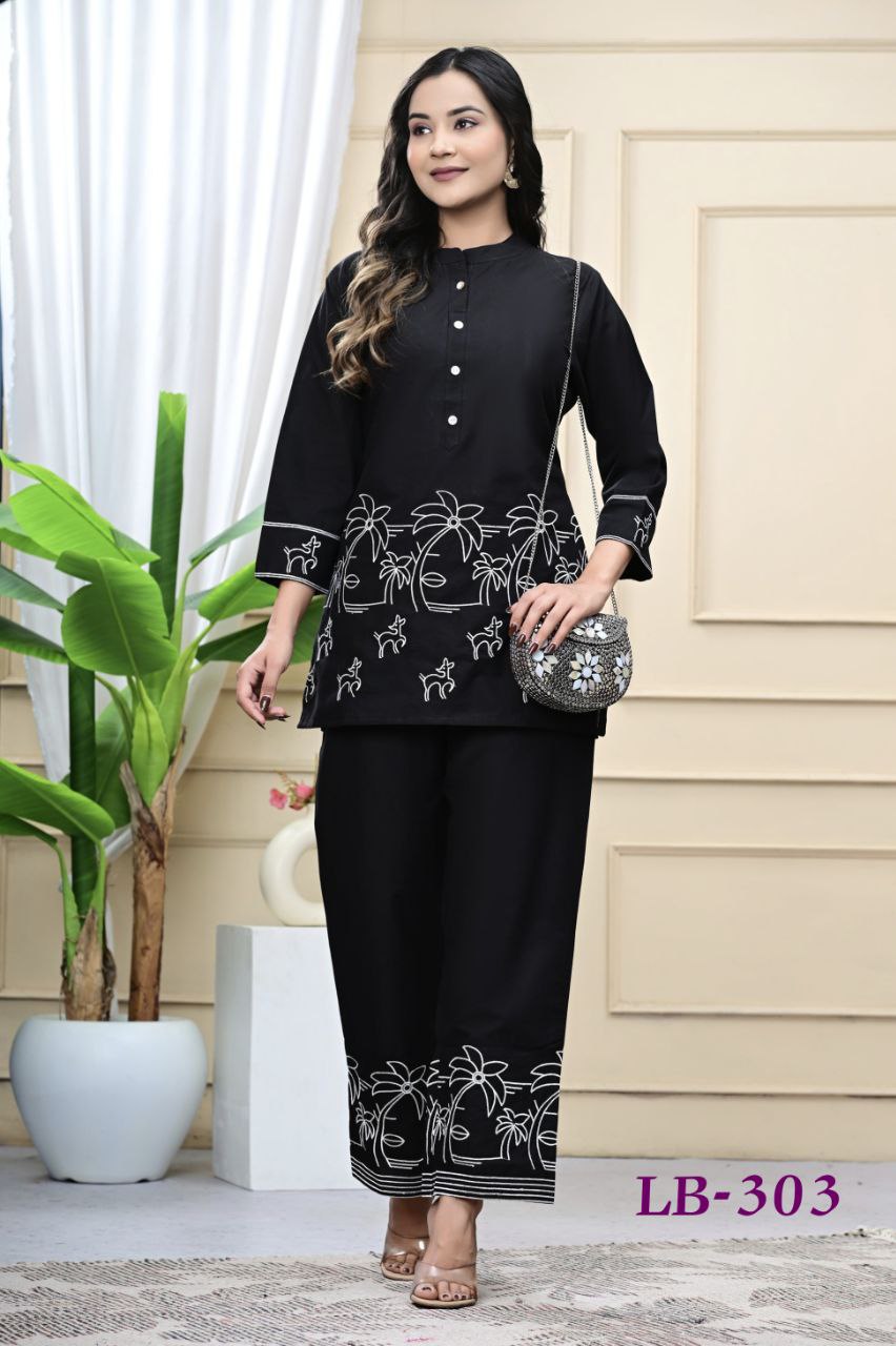 Trendy Black Embroidered Cotton Blend Co-ord Set for Women