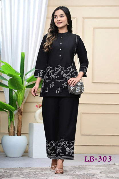 Trendy Black Embroidered Cotton Blend Co-ord Set for Women
